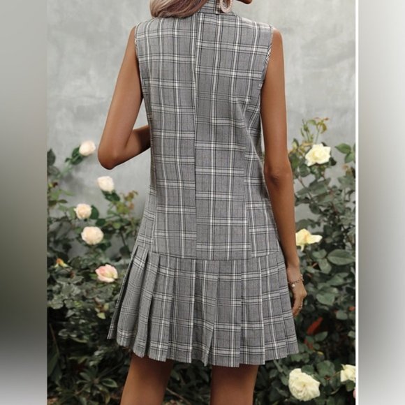 Plaid Double Breasted Pleated Hem Vest Blazer Dress - Picture 3 of 6